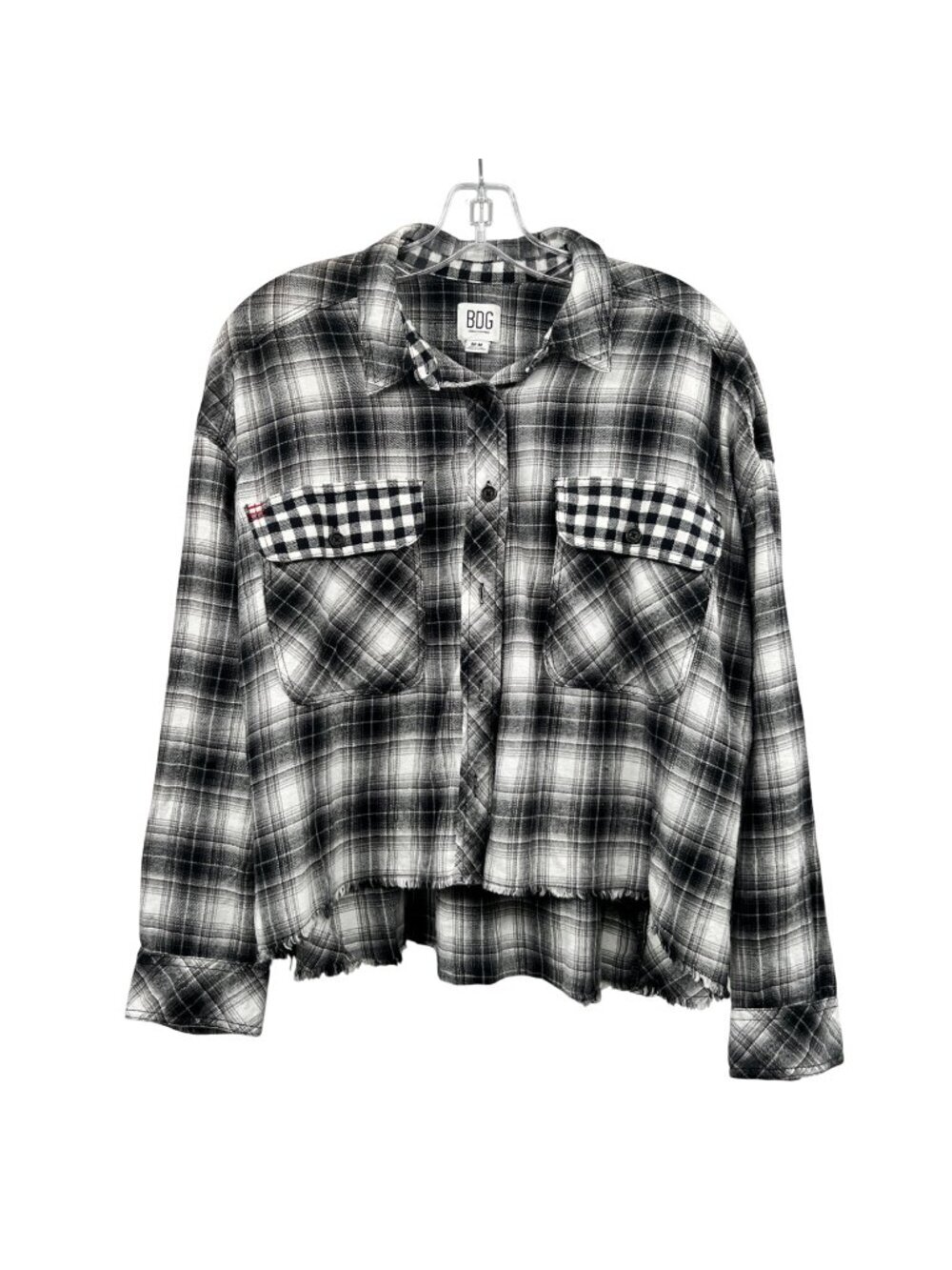 BDG Urban Outfitters Oversized Button Up Top Mixed Print Frayed Black/Multi M
